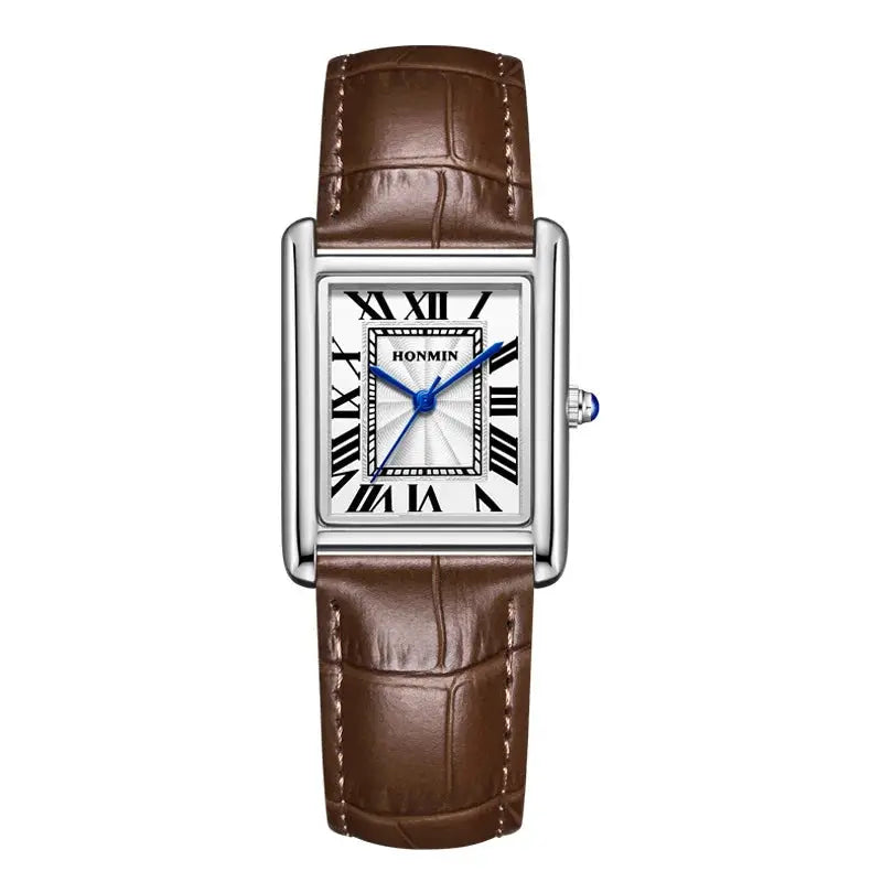 Rectangular wristwatch by HONMIN with brown leather strap, blue hands, Roman numeral dial, silver case
