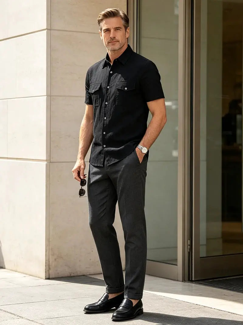 Men's black short-sleeve button-up shirt with two chest pockets by Simples Market