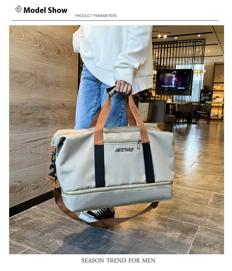 Large capacity gym bag by BECHAO, light gray with brown handles and black web straps, detachable shoulder strap