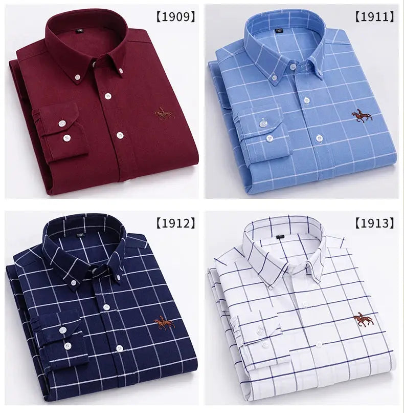 Simples Market men's 4-pack 100% cotton oxford shirts; burgundy solid, light blue plaid, navy plaid, white plaid.