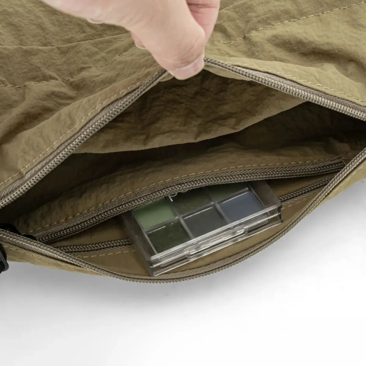 Japanese-style waterproof nylon crossbody bag in olive, unisex with multiple pockets