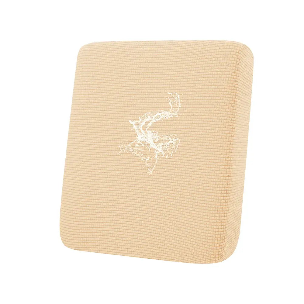 Beige waffle jacquard sofa cushion cover with elastic edges; Simples Market logo visible.