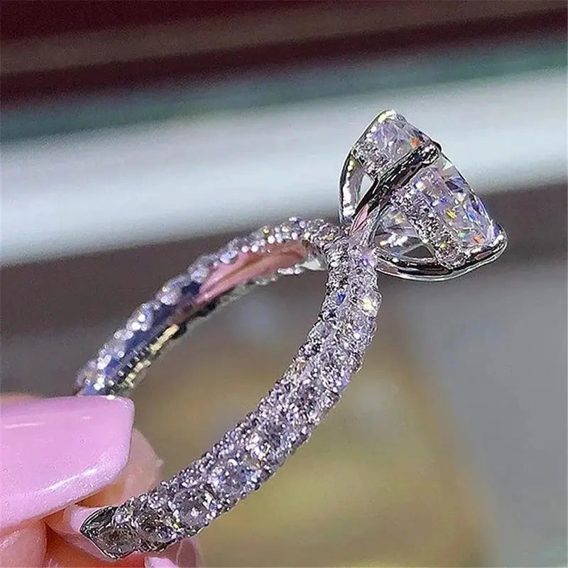 Engagement ring, silver-tone band with pavé white zircon stones