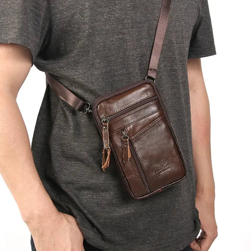 Men's genuine brown leather waist bag with crossbody strap and multiple zip pockets