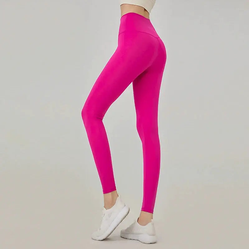 Women's yoga leggings; high-waisted, hip-lifting, breathable bright pink