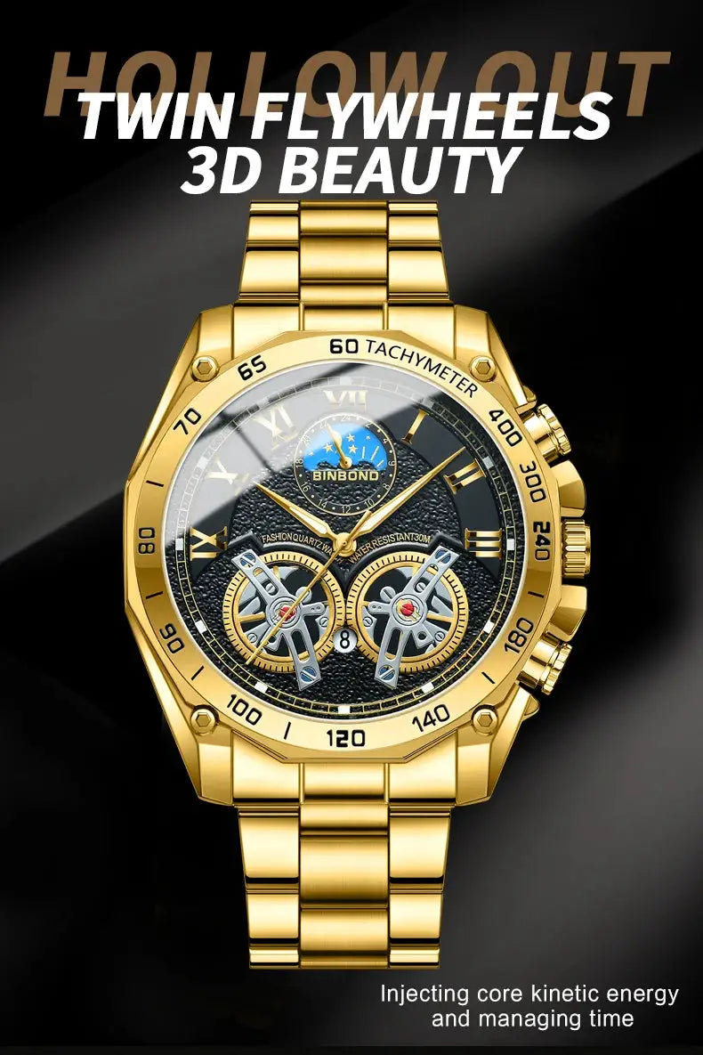 BINBOND luxury men's gold-tone quartz wristwatch with decorative dial, twin flywheels and tachymeter bezel.