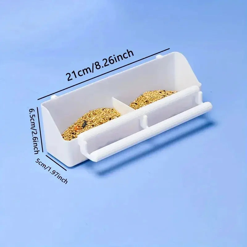 Double-grid parrot feeder trough, Simples Market white plastic, 2 compartments, 21 cm long