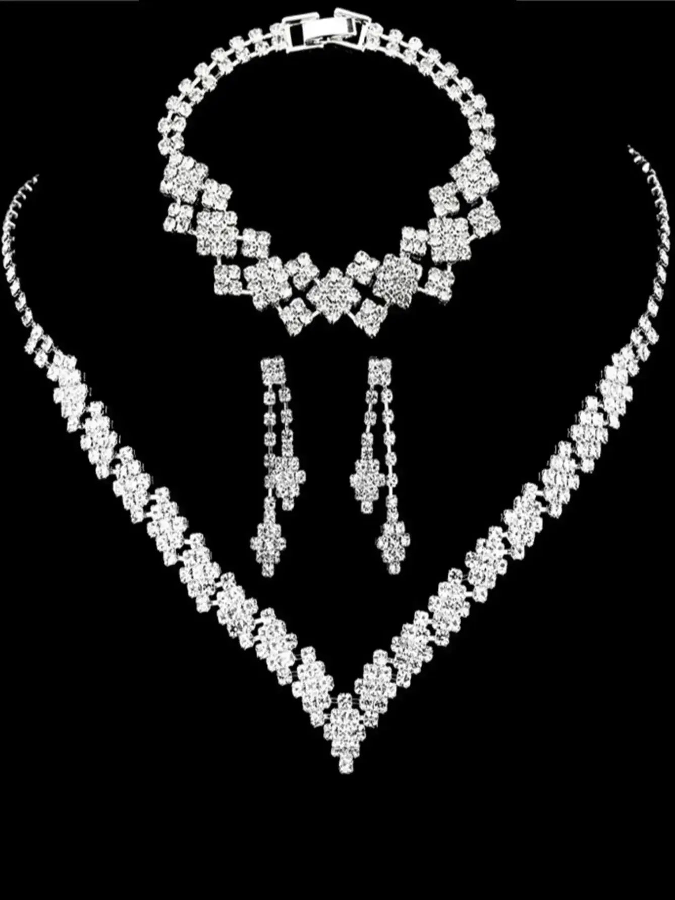 Silver Plated Rhinestone Folding Tassel Jewelry Set Necklace And Earrings For Wedding Gift