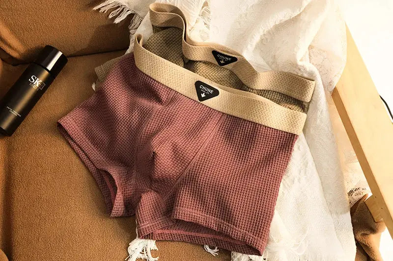 Men's ice silk boxer shorts in maroon with a beige elastic waistband and CHUNE logo
