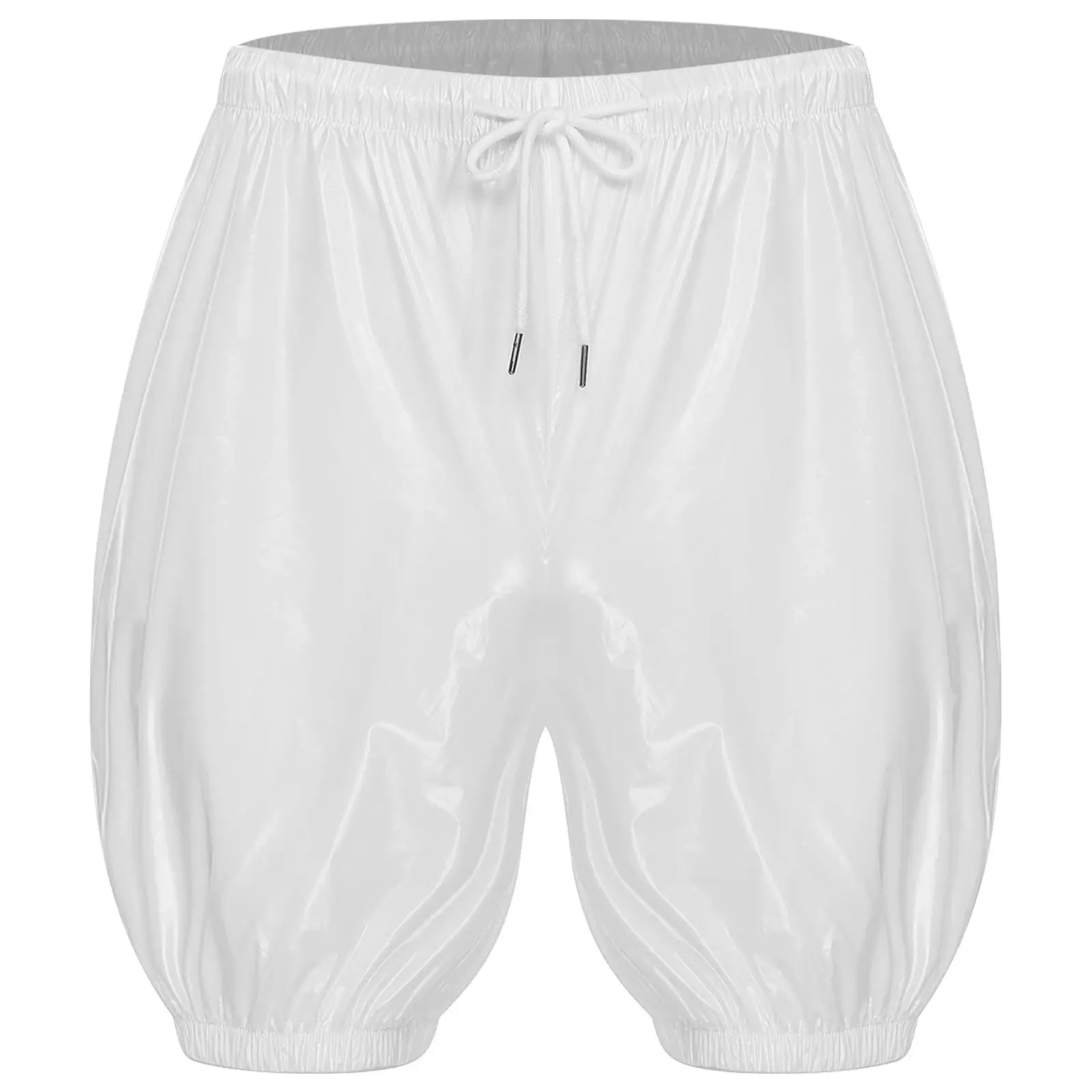 White waterproof reusable diaper cover shorts for adults; drawstring waist and elastic leg cuffs.