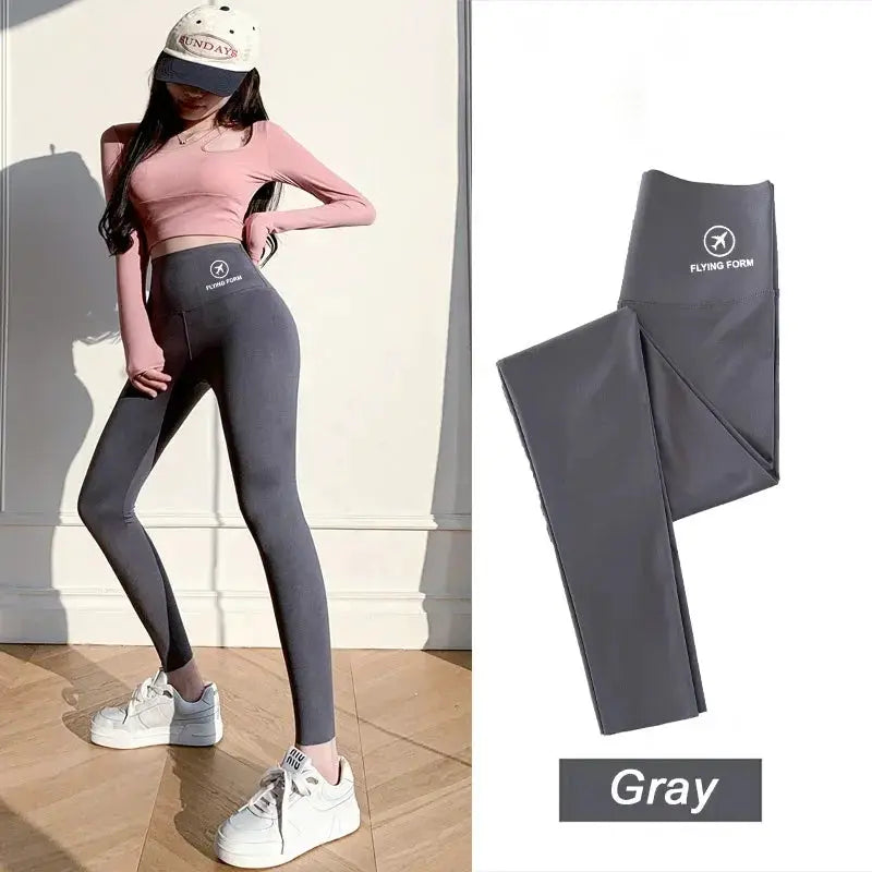 Shark pants for women, gray high-waisted yoga tights with belly lift, Flying Form