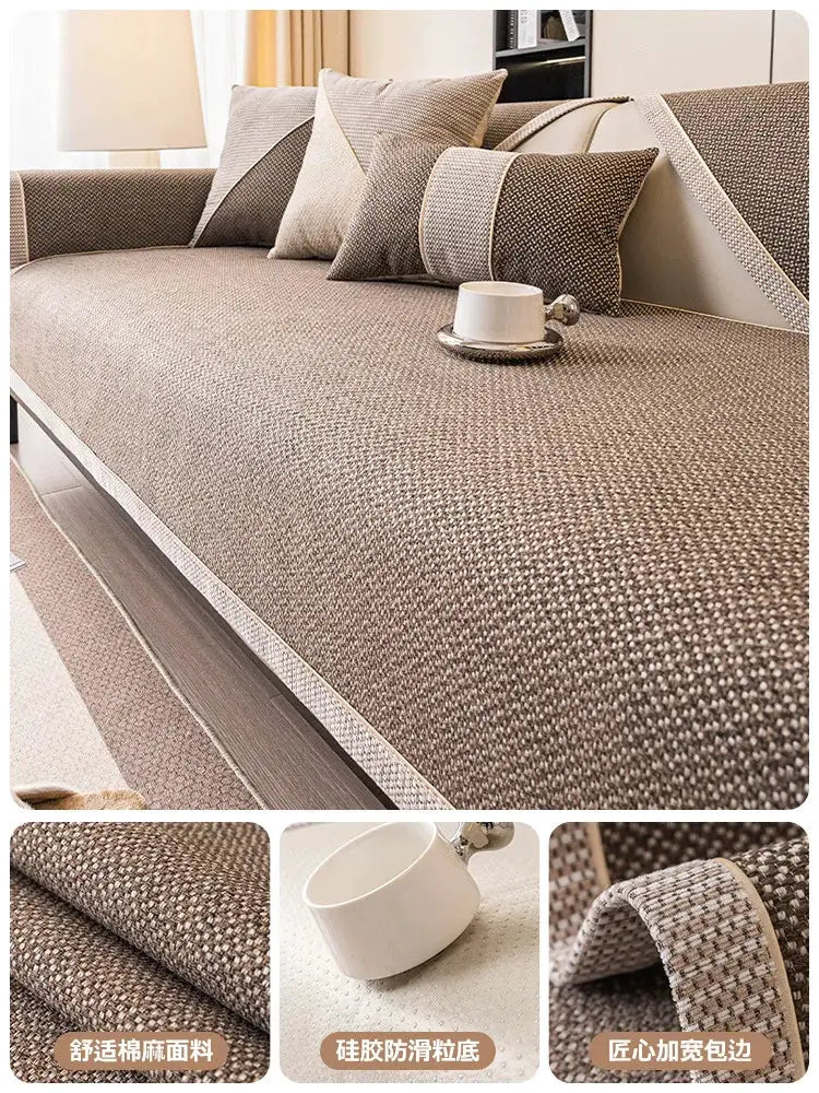 Linen sofa cover in brown woven cotton by Simples Market with non-slip bottom and matching cushions