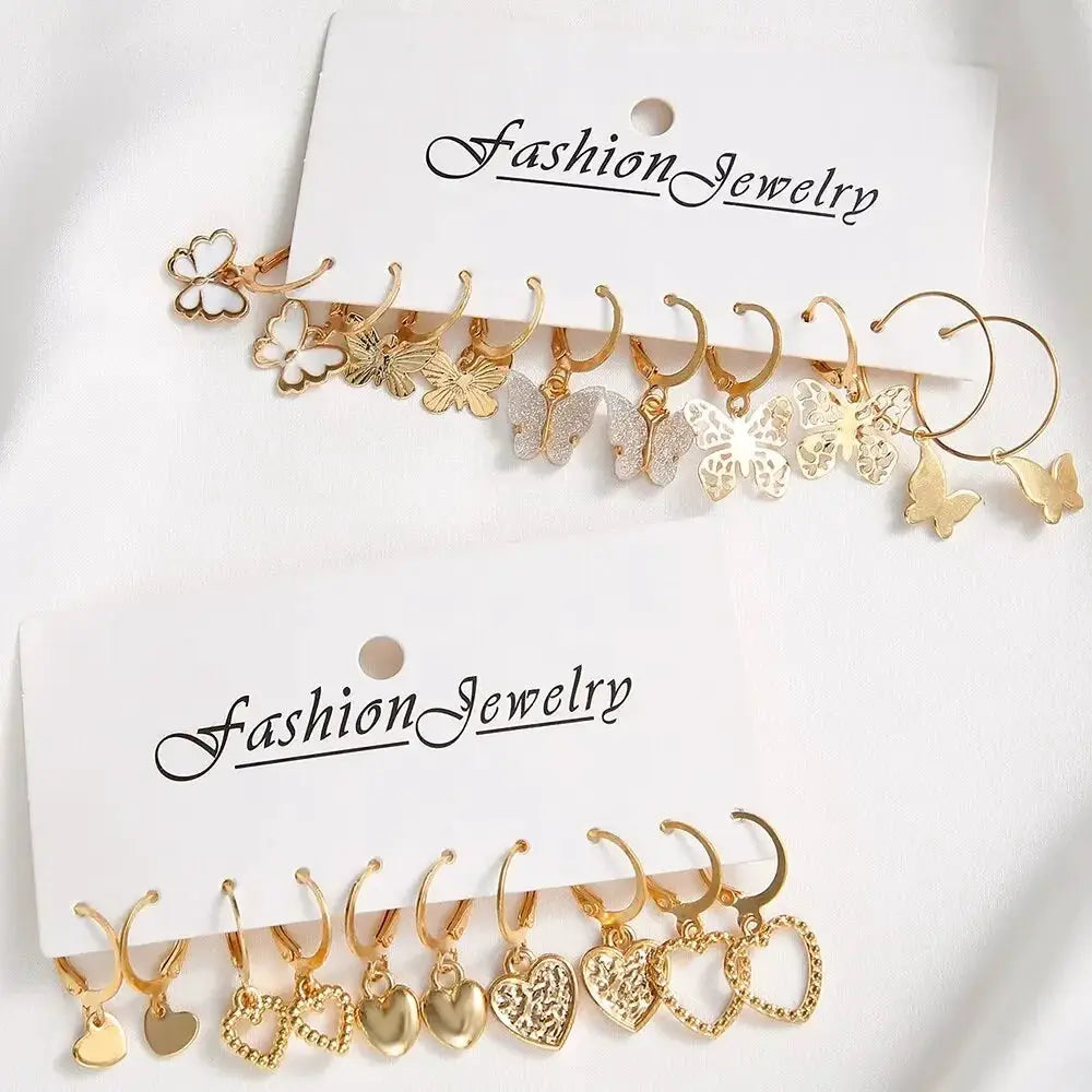 10 Piece Gold Color Earrings Set For Women Hollowed Out Butterfly And Heart Love Design Jewelry Gifts
