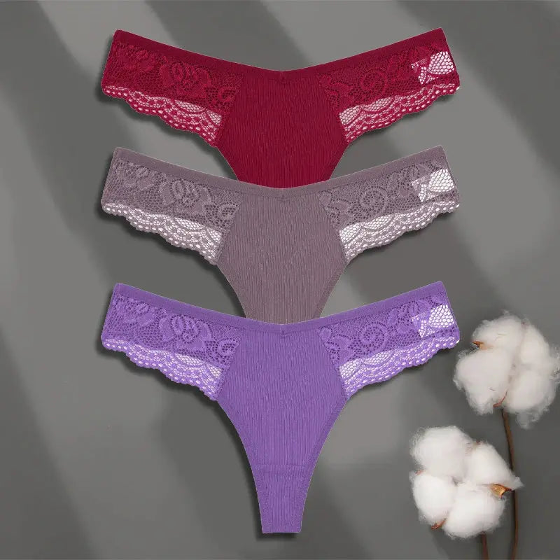 Women's lace-trimmed cotton thong underwear set, 3-piece, in red, mauve and purple.