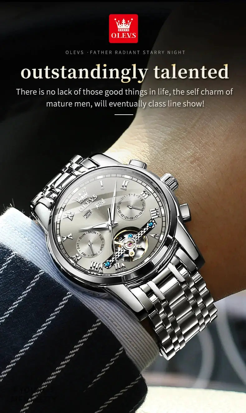 OLEVS 6607 stainless steel skeleton automatic watch with dual calendar for men