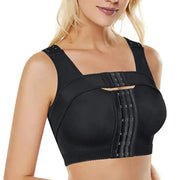Post-surgery compression bra in black with front-hook closures and wide shoulder straps