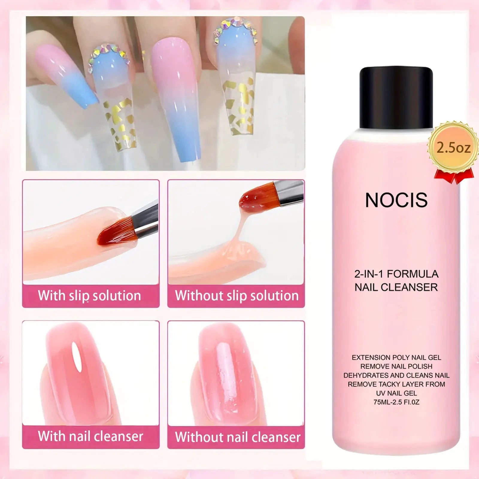 2-in-1 gel cleanser for nails and polish remover by NOCIS, pink bottle with black cap, 2.5oz