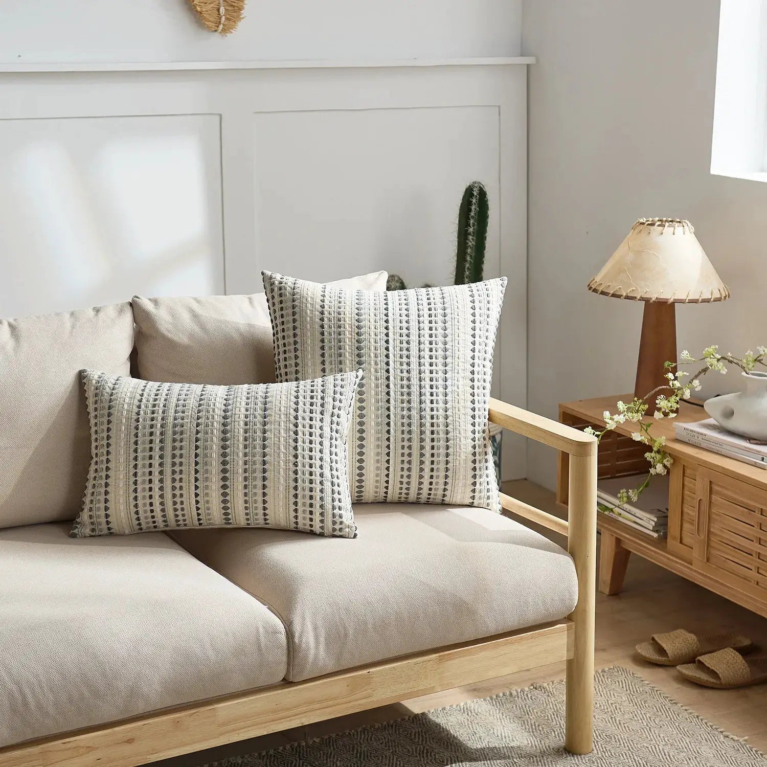 Boho Dots Jacquard Cushion Cover 45x45cm with zipper closure in grey and ivory on sofa