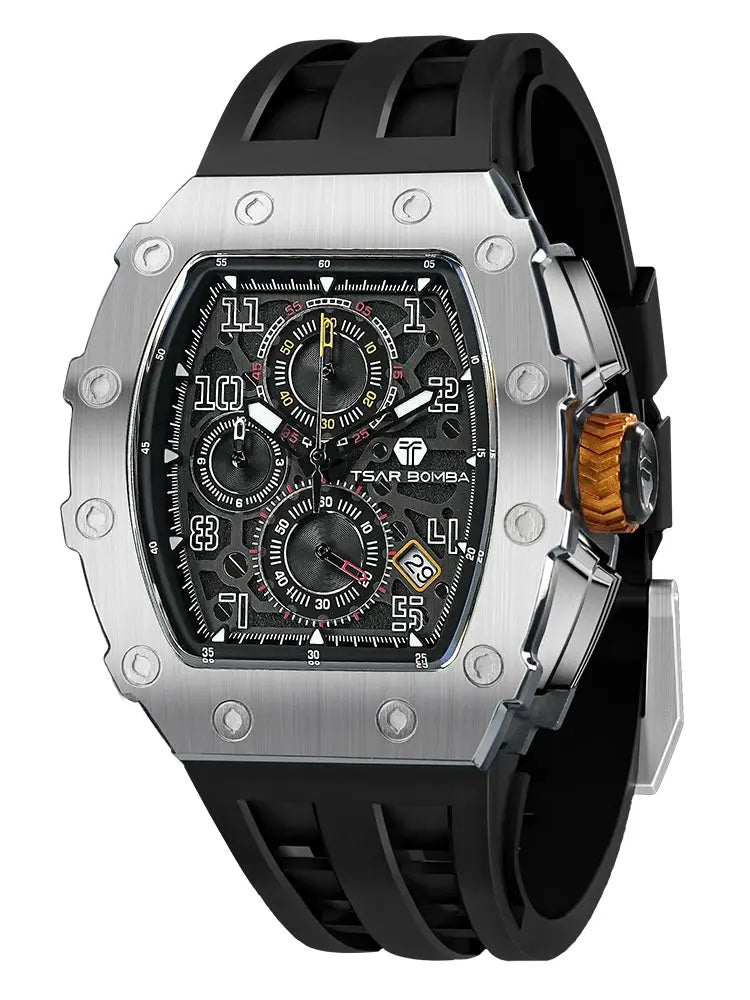 TSAR BOMBA men's wristwatch with stainless steel tonneau case, black dial, and rubber strap
