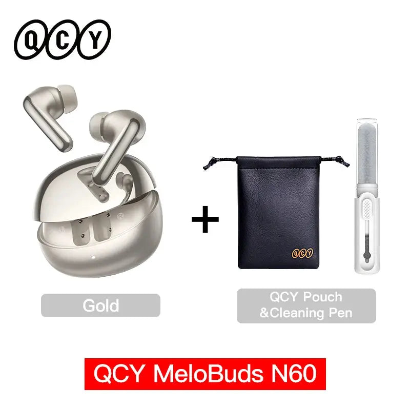 QCY MeloBuds N60 gold wireless earbuds with case, plus 1 pouch and 1 cleaning pen