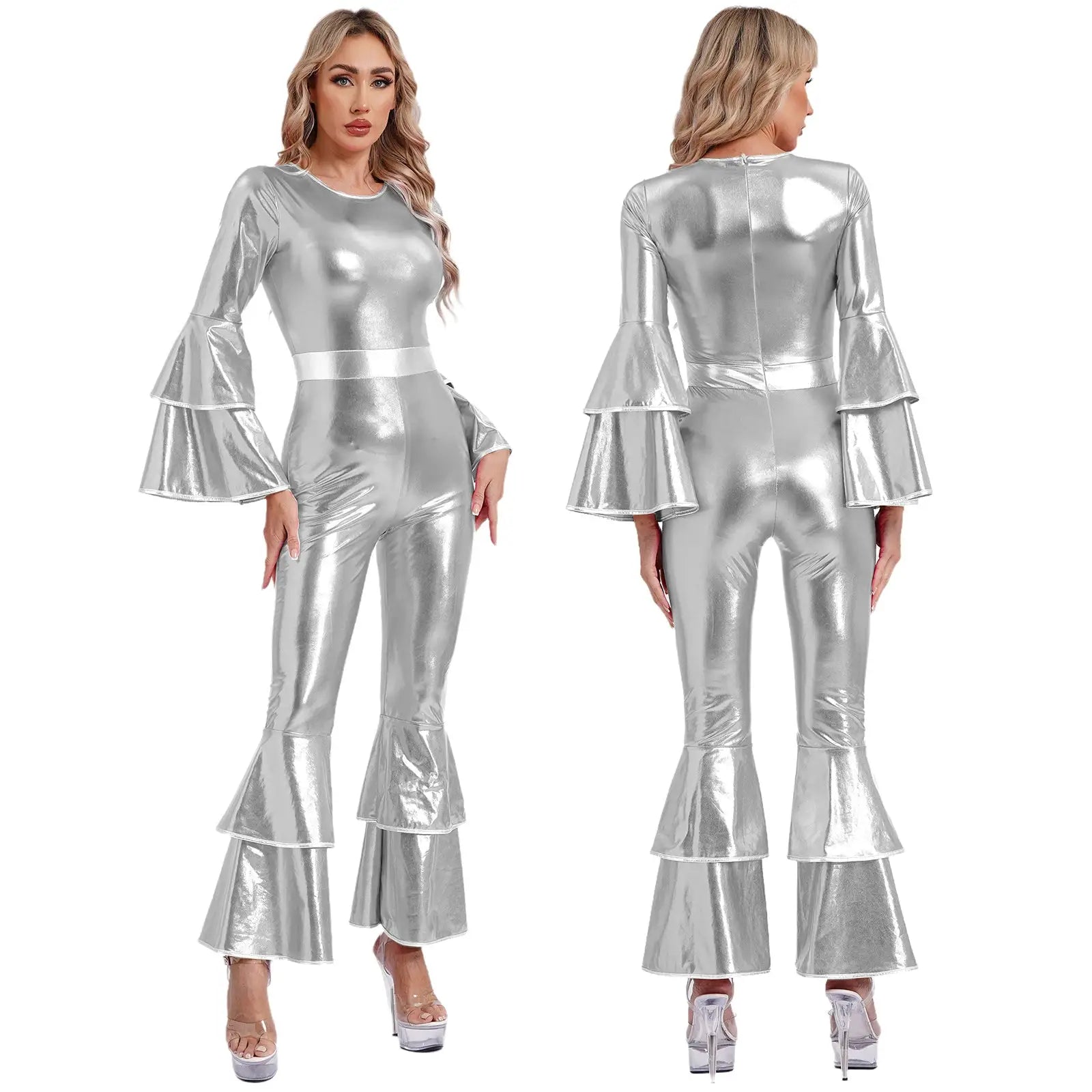 Simples Market womens metallic silver disco jumpsuit with bell-bottom flare sleeves, front and back views