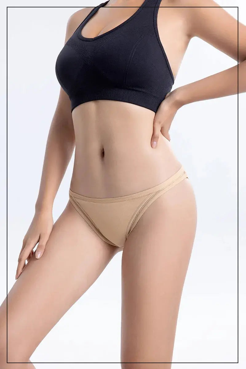 3Pcs set women's cotton panties beige bikini briefs with mesh detailing