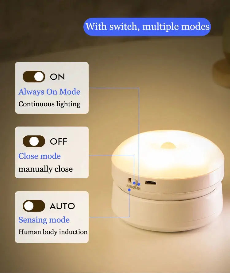 Simples Market round white USB night light with motion sensor and Always On, Off and Auto modes