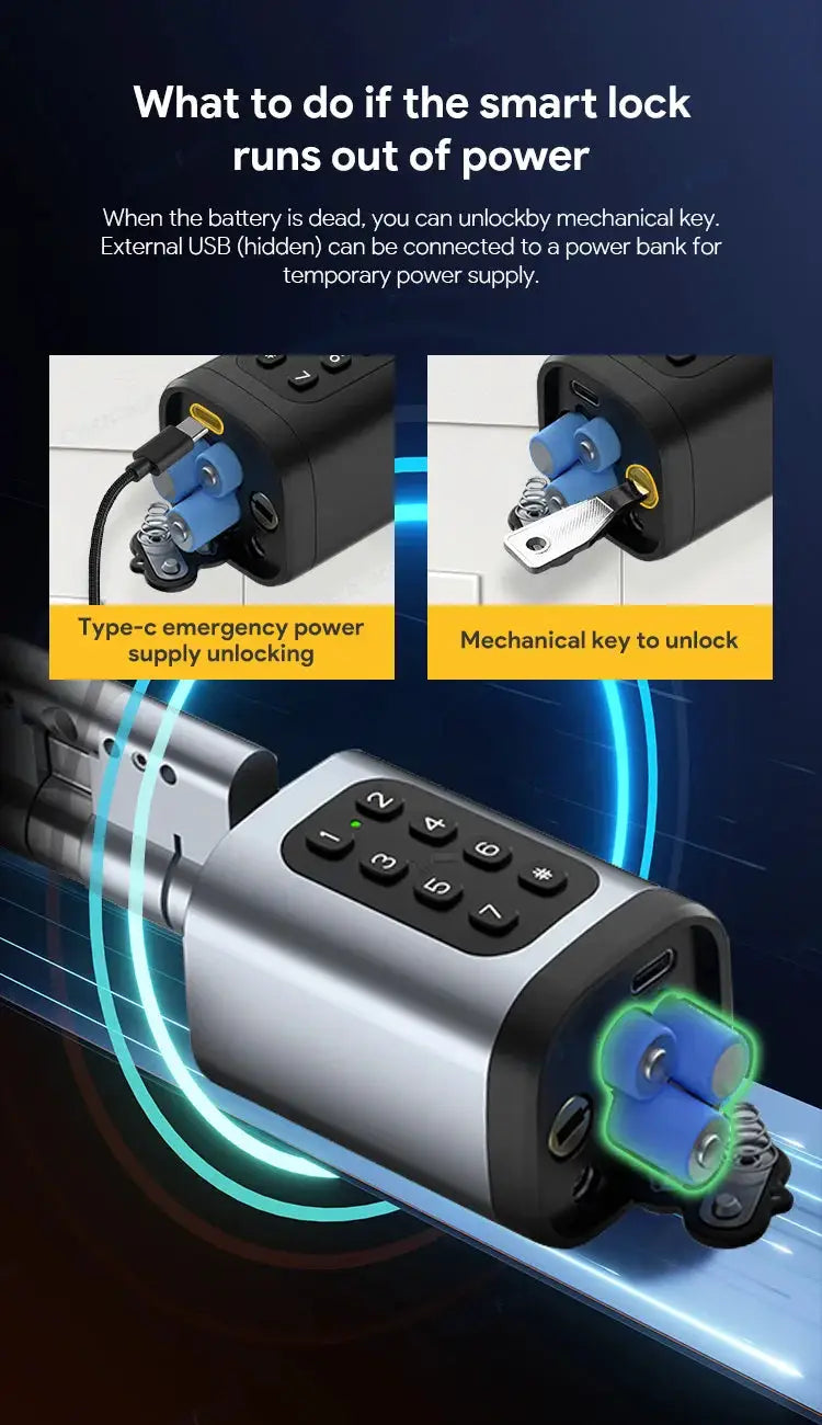 V1 Pro+ smart door lock with keypad, silver and black finish, blue internal locking mechanism