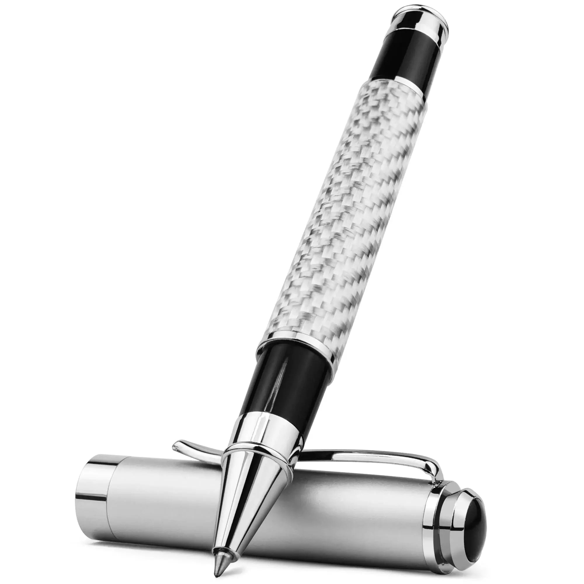 Carbon fiber-patterned metal signature pen with chrome rings and a 0.5mm ballpoint tip.
