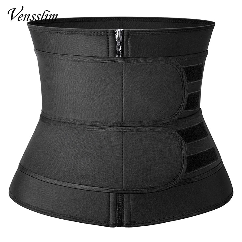 Vensslim men's black waist trainer belt with front zipper and adjustable Velcro straps