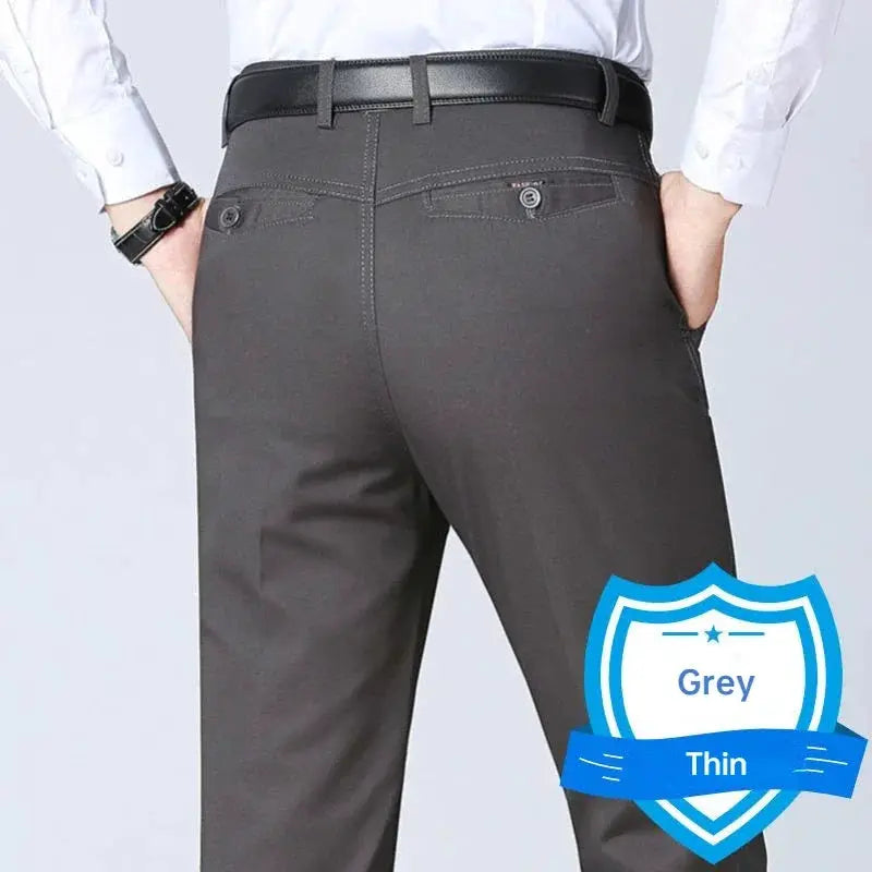 Men's grey office dress pants with belt and back pockets