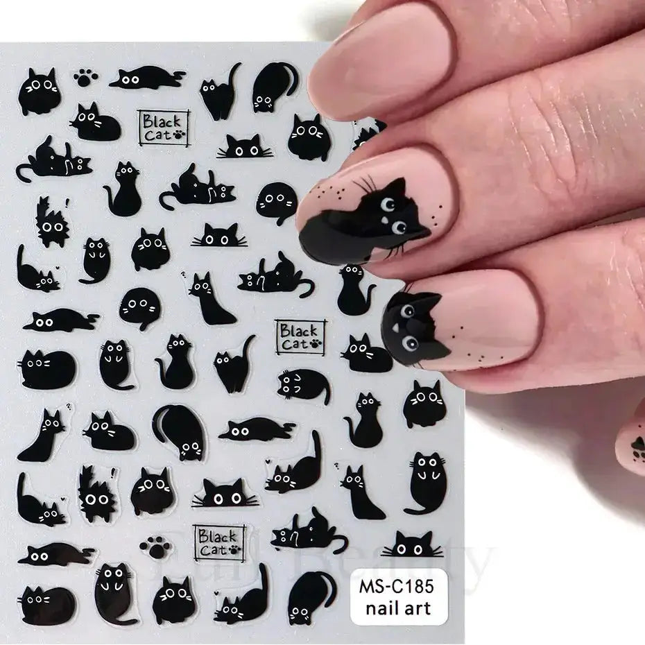 2pcs Black Cat nail sticker set with 3D self-adhesive cartoon decals for manicure