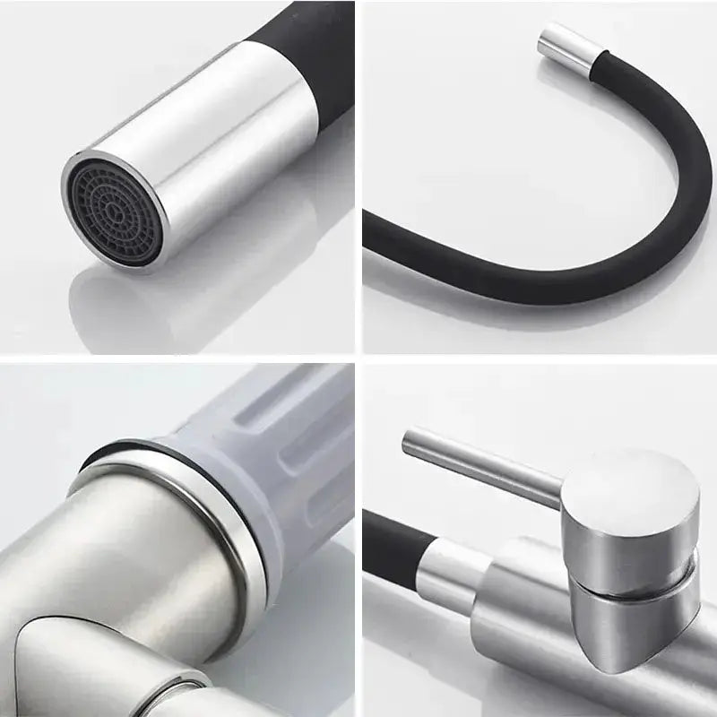 Universal swivel kitchen faucet with black hose and stainless steel body, deck-mount mixer.