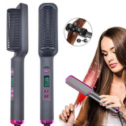 Electric hot comb straightener brush from Simples Market, gray with pink accents and digital display