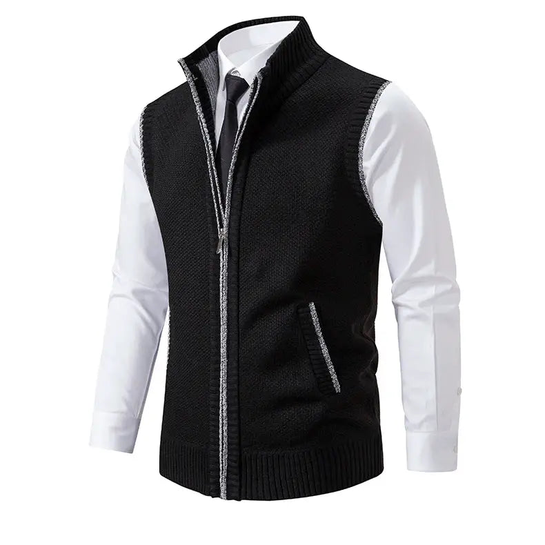 Men's black knit zip vest with stand collar, sleeveless waistcoat by Simples Market over white shirt
