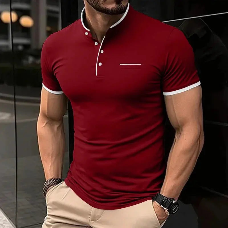 Simples Market men's maroon short-sleeve polo shirt with stand-up collar, white piping, and chest trim accent
