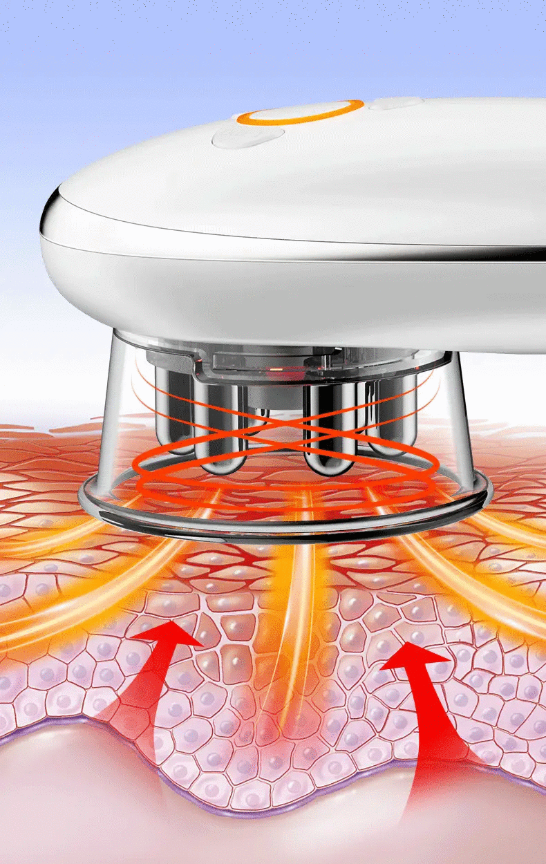 Simples Market 2025 cellulite massager device; white body with orange ring controls, shown on skin.