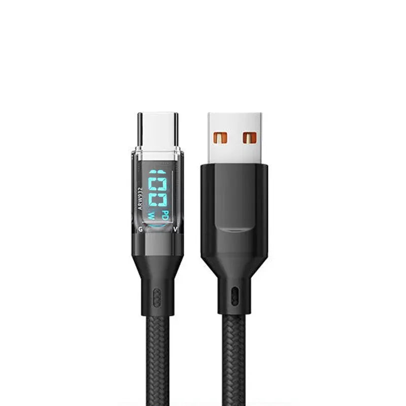 OOZCC LCD watt-display USB-C to USB-A braided charging cable, 120W max, data transfer, Simples Market