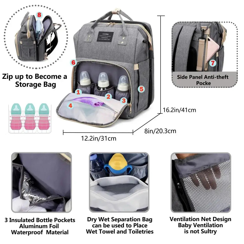 Mommy Bag Backpack With Portable Folding Crib And Large Capacity Diaper Bag For Travel And Outings