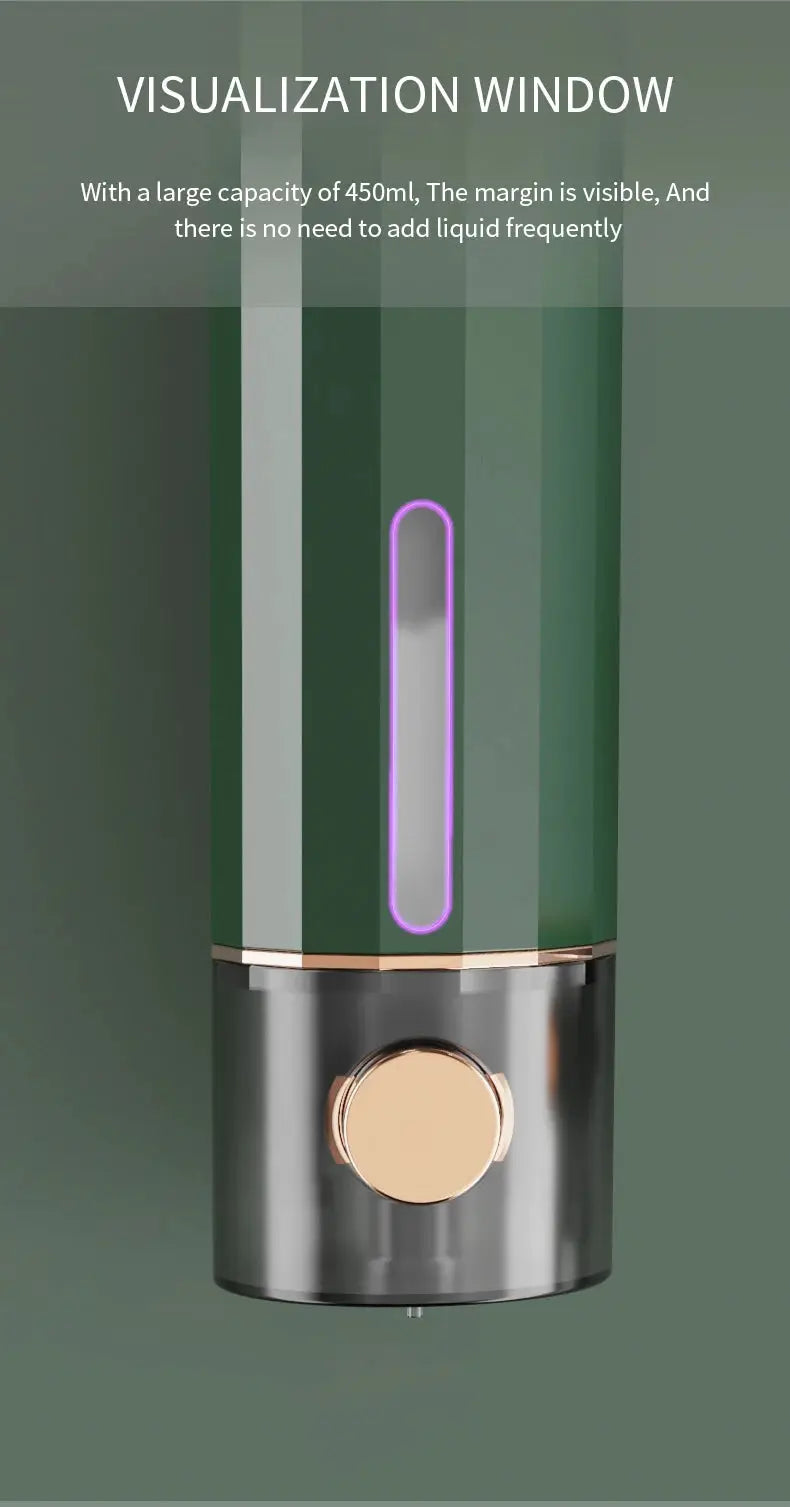 Manual soap dispenser wall-mounted by Simples Market, green body with purple window and gold pump.