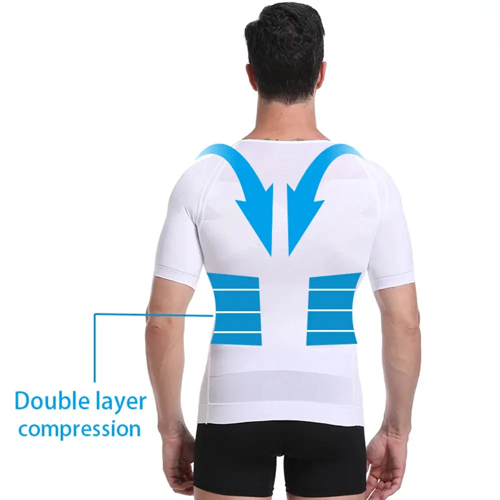 Men's white short-sleeve compression T-shirt with blue back arrows and double-layer compression panels