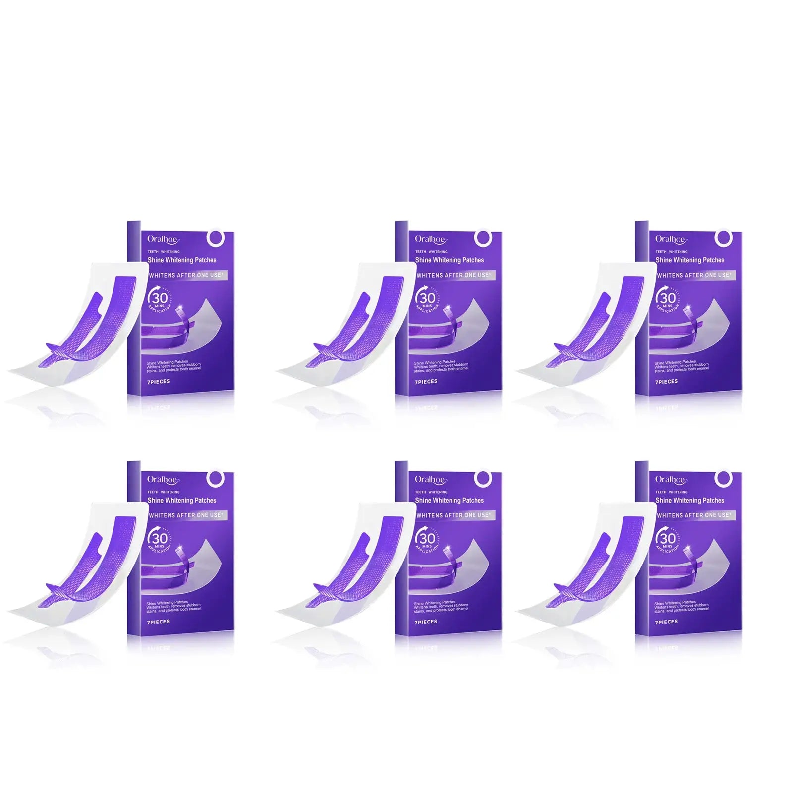 Oralhoo Shine Whitening Patches, nine purple boxes containing 7-piece teeth whitening strips