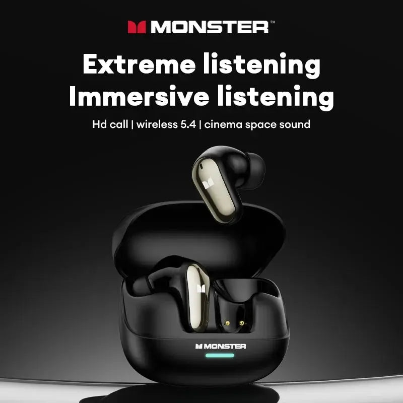 Monster MQT52 TWS wireless gaming earbuds in black charging case with gold accents