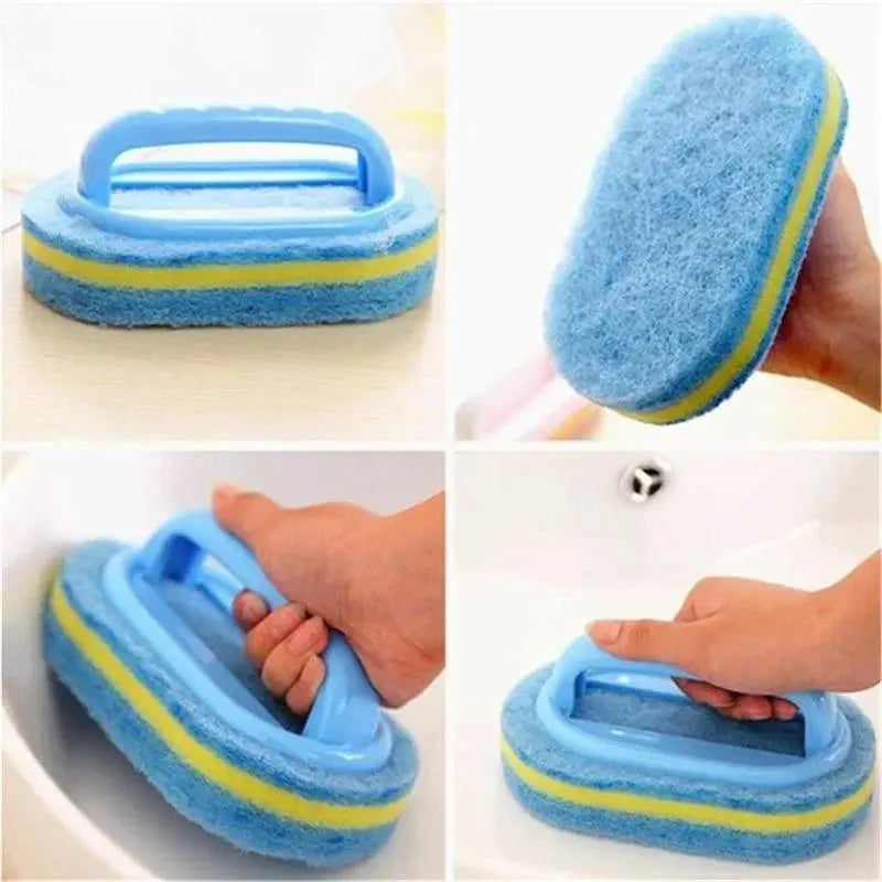 Sponge cleaning brush with handle; blue and yellow scrubber for bathtub, tile, kitchen and bathroom cleaning