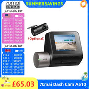 70mai Dash Cam A510 front camera with optional rear cam, black car DVR with LCD display