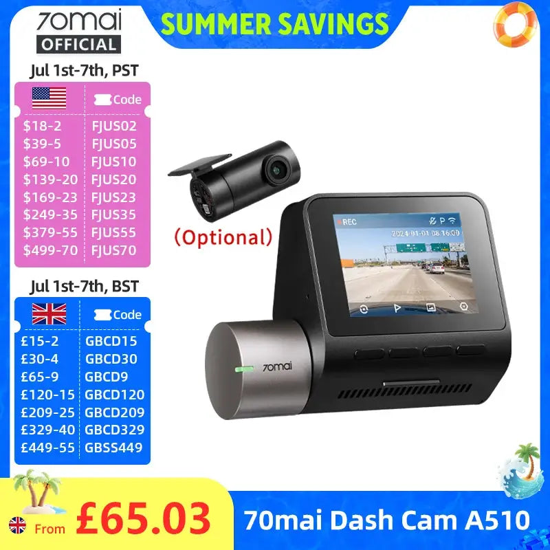 70mai Dash Cam A510 front camera with optional rear cam, black car DVR with LCD display