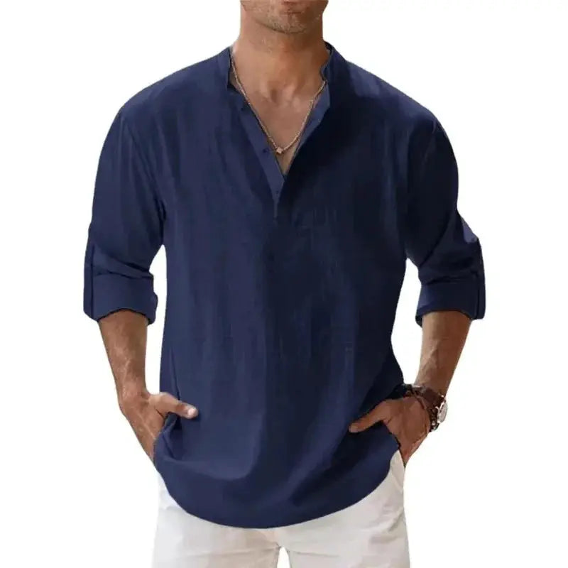 Men's Lightweight Long Sleeve Henley Shirts Cotton Linen Blend Breathable Casual Beachwear Tee