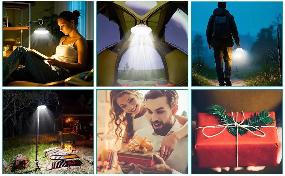 Simples Market LED leaf camping lamp; solar USB rechargeable outdoor tent lantern shown in six camping scenes.