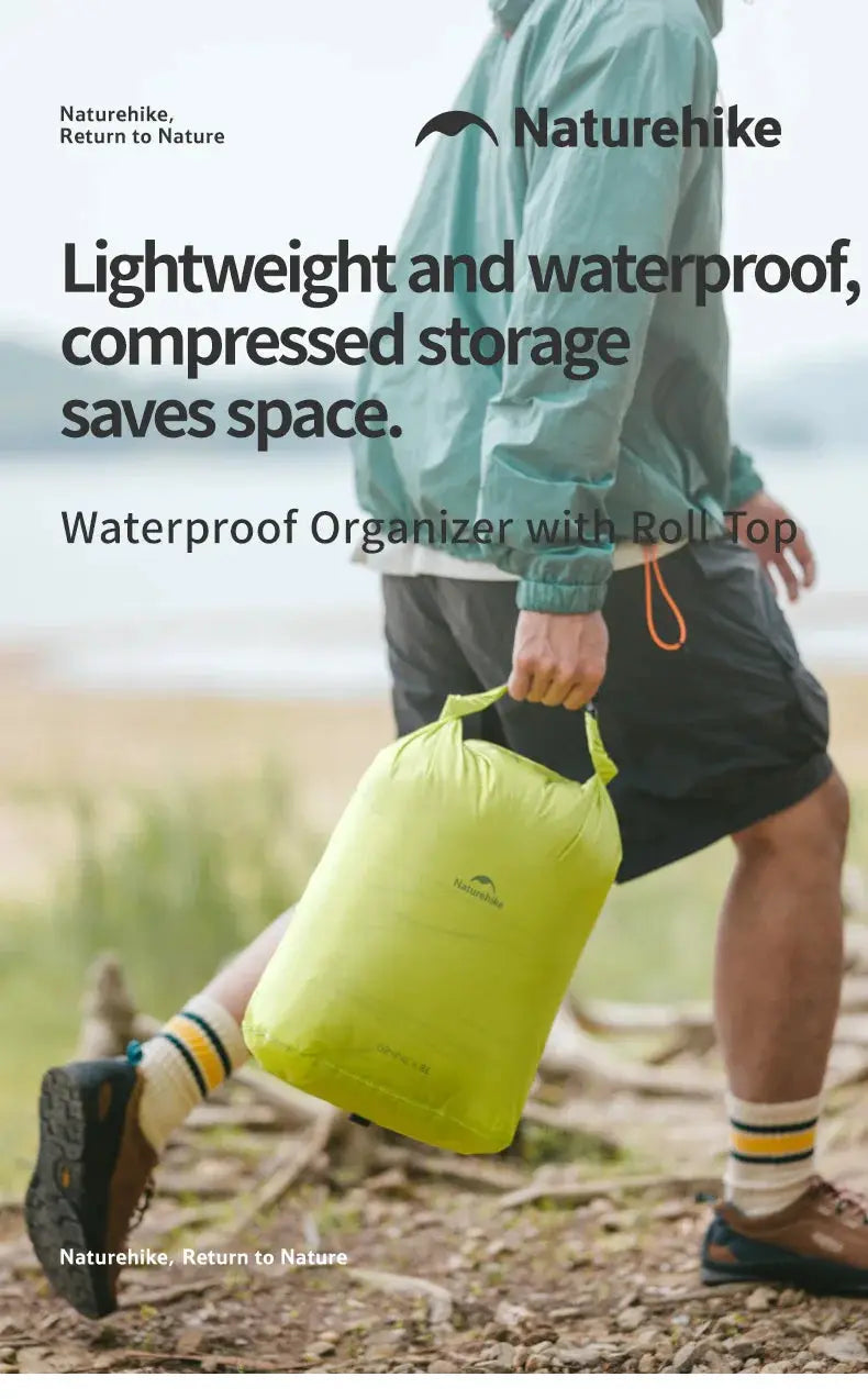 Naturehike rolled storage bag in lime green, waterproof and lightweight outdoor organizer carried by a hiker