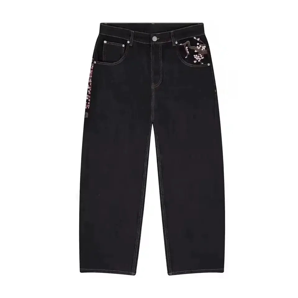 Jeans by Simples Market black vintage low-waist cherry blossom embroidered with wide baggy legs